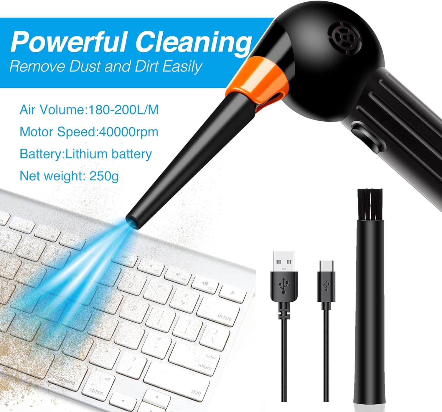Electric Compressed Air Duster Cordless, 40000 RPM Brushless Motor, Rechargeable Battery Pack of 2 U6112