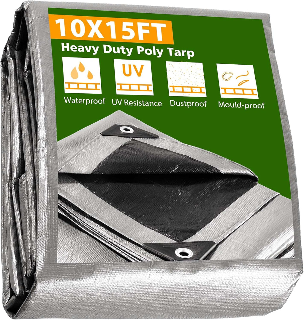 10x15ft Heavy Duty Reinforced Poly Tarp Waterproof Tarpaulin 10-mil Ground Sheet Camping Tent Cover with Eyelets Pack of 2 B62634