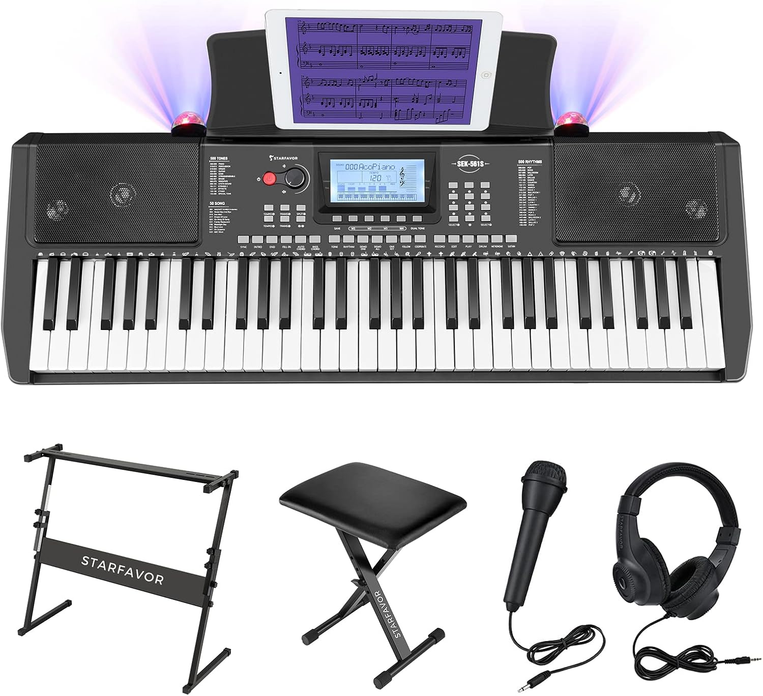 61 Key Electronic Keyboard Piano with LCD Display, Z-style Stand, Bench, Microphone, Headphone, Keynote Stickers I1334