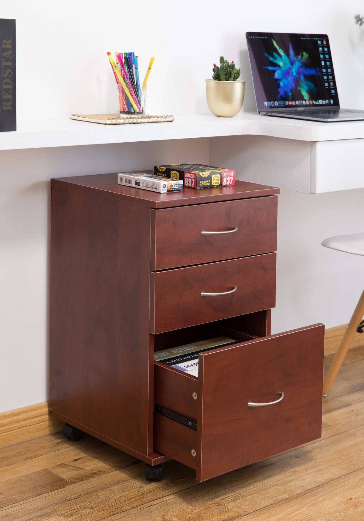 Cherry 3 Drawer File Cabinet with Rolling Casters J9356