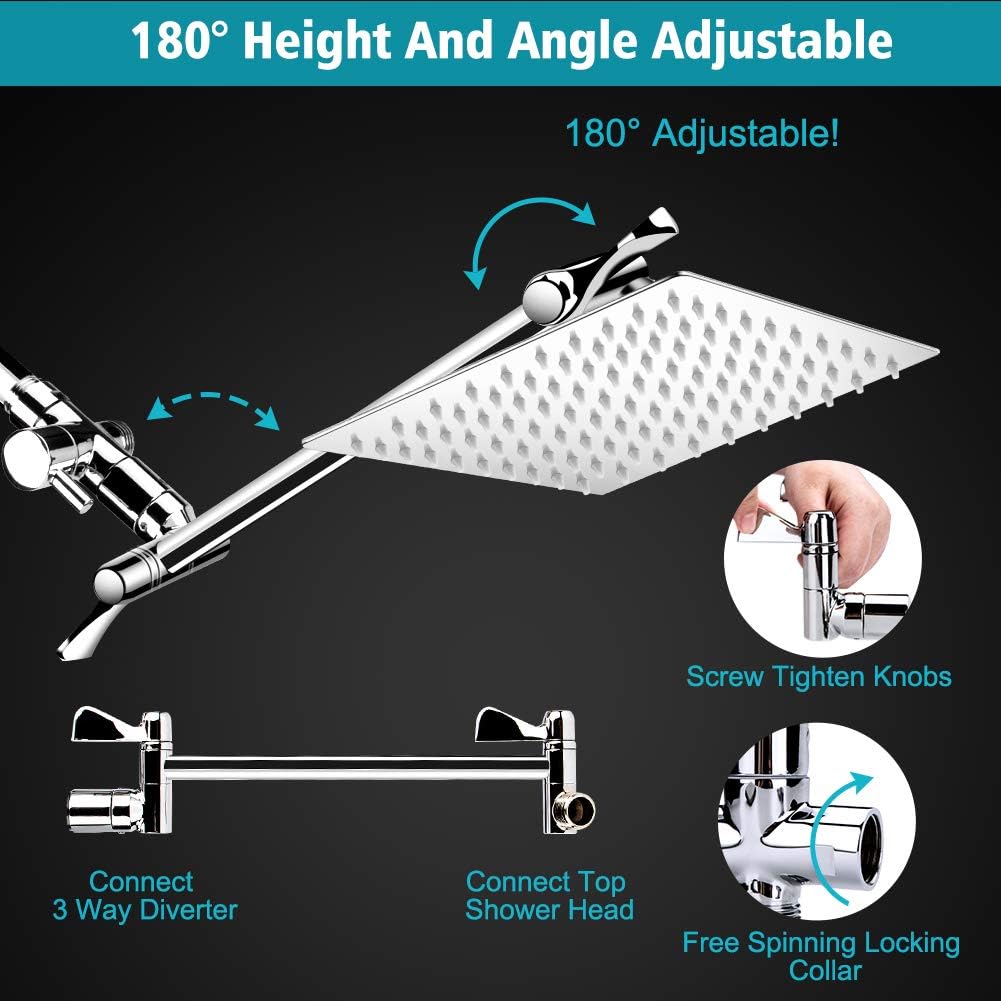 Chrome Stainless Steel Rainfall Shower Head Combo with Extension Arm, Holder, Hose, 4 Hooks, Pack of 2 R999303