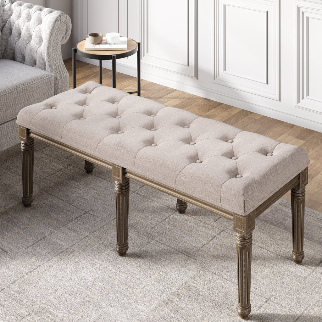 Upholstered Button Tufted Cushion Seat Bench with Carved Wooden Legs X429