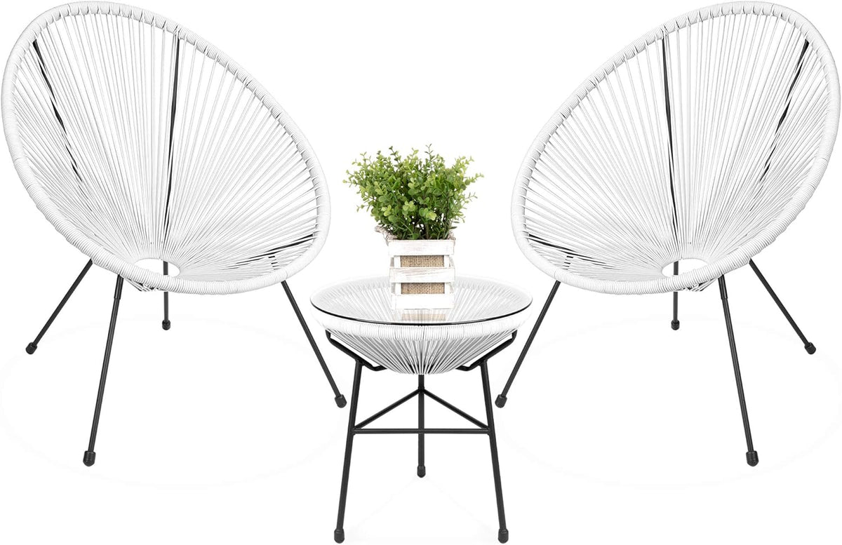 3-Piece Outdoor Acapulco Patio Conversation Bistro Set with Plastic Rope, Glass Top Table and 2 Chairs - Gray K91638