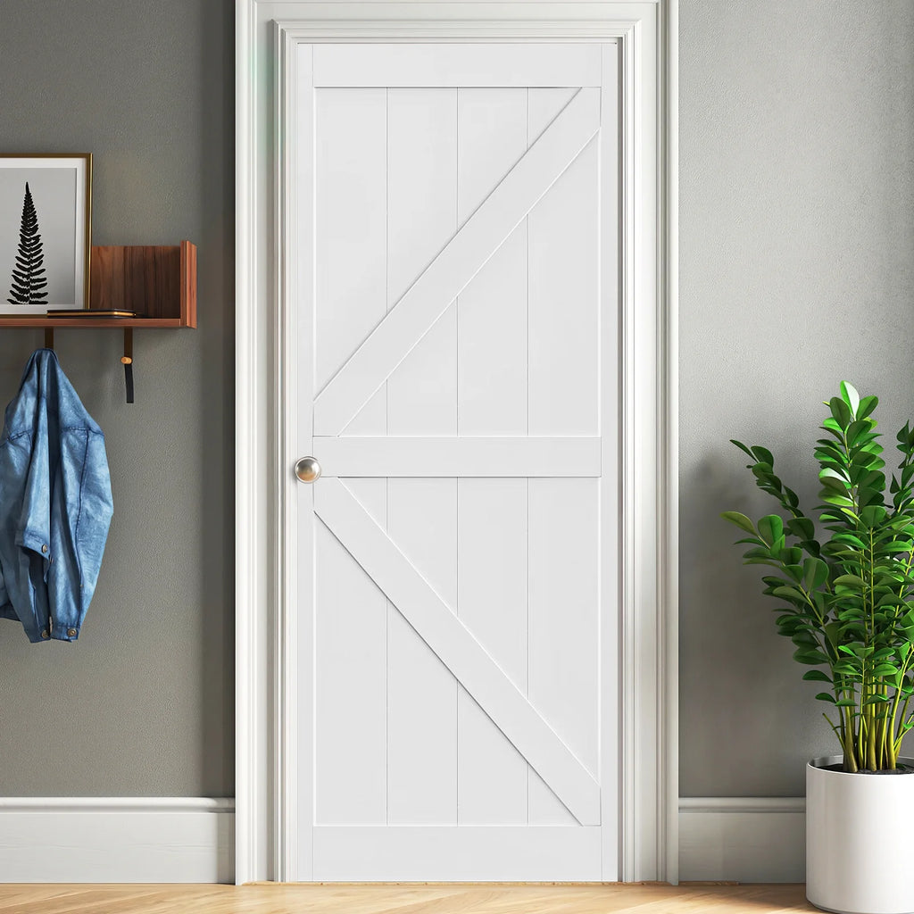 White Primed Paneled Wood Sliding Barn Door P5075