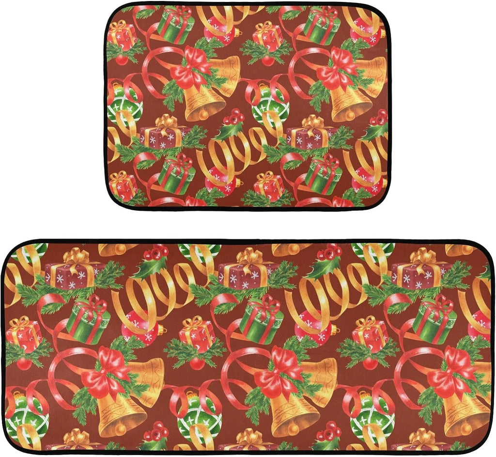 Christmas Jingling Bells Kitchen Mats Set of 2 Anti Fatigue Non Slip Floor Runner Rug 19.7x27.6 Inch + 19.7x47.2 Inch Y4487
