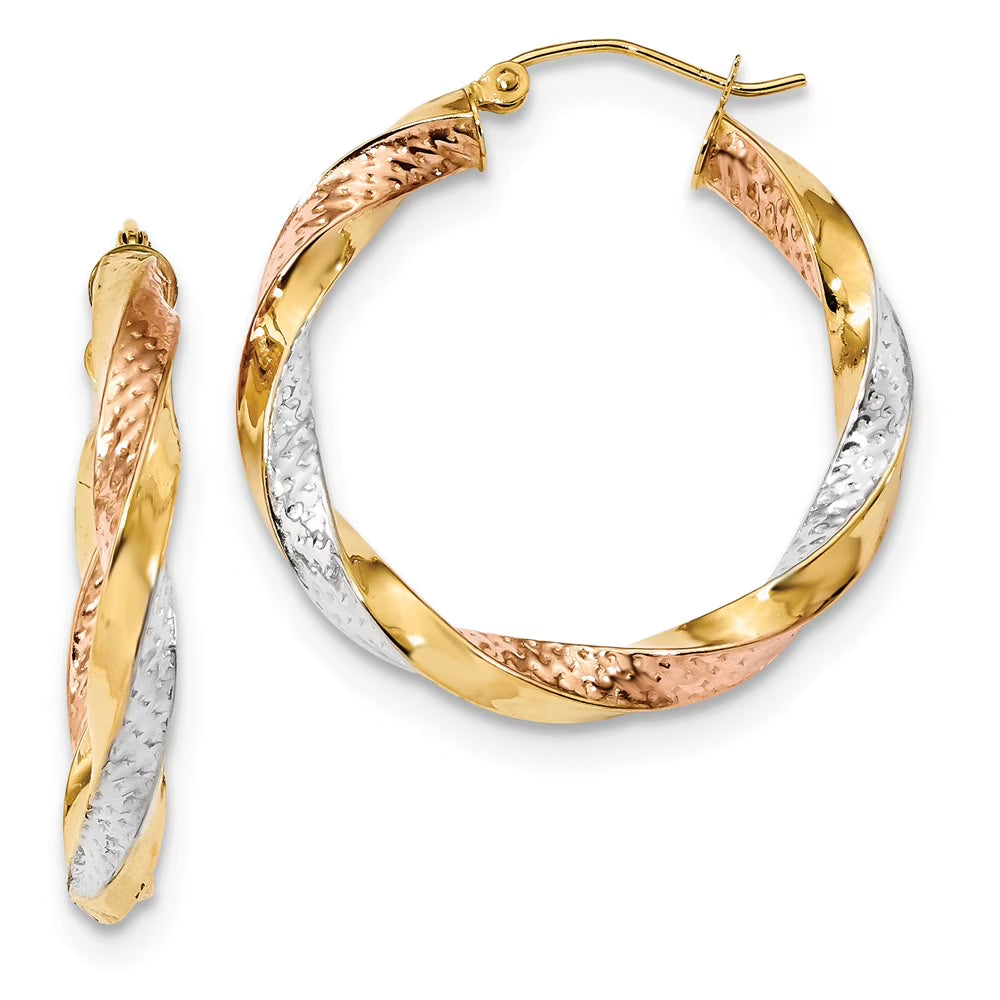 14kt Tri-color Polished Diamond Cut Twist Hoop Earrings C3588