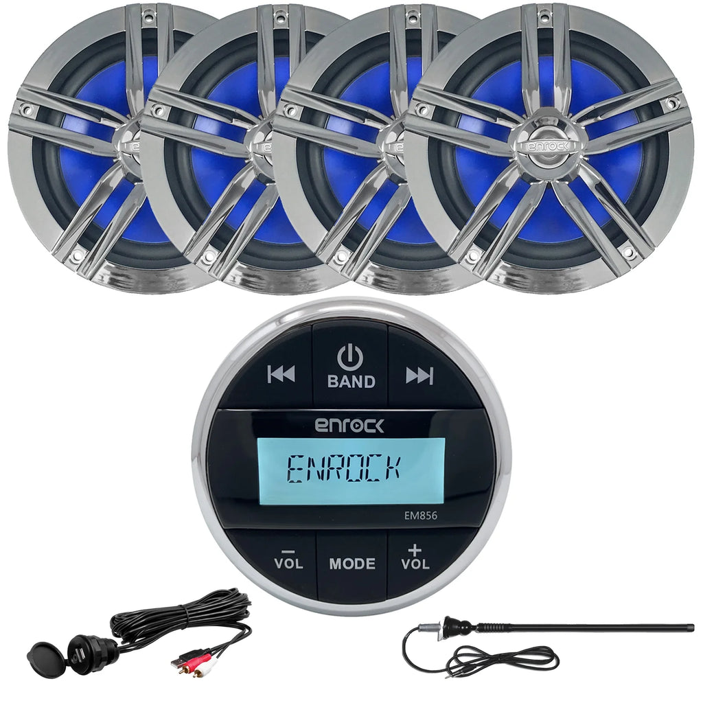 Marine Grade Bluetooth Receiver, 4 x 6.5" Water-Resistant Loudspeakers, AUX Interface Mount, Radio Antenna L8602