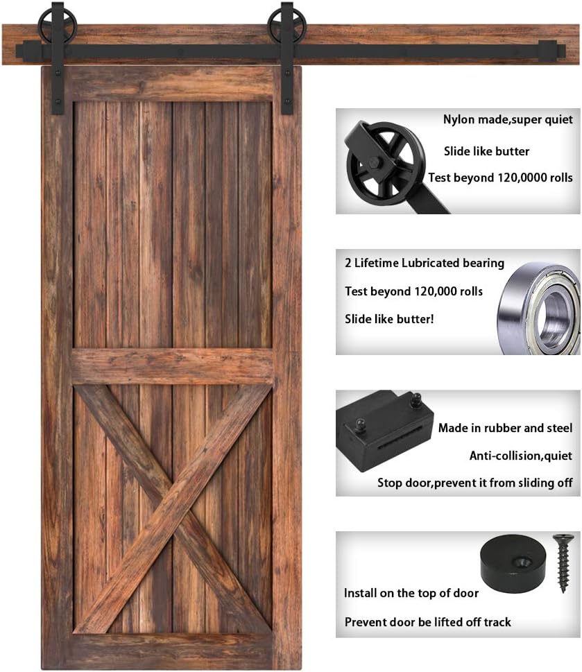 5-16FT Single Wood Sliding Barn Door Hardware Kit 6FT Basic Black Carbon Steel Flat Track System Pack of 2 L96134