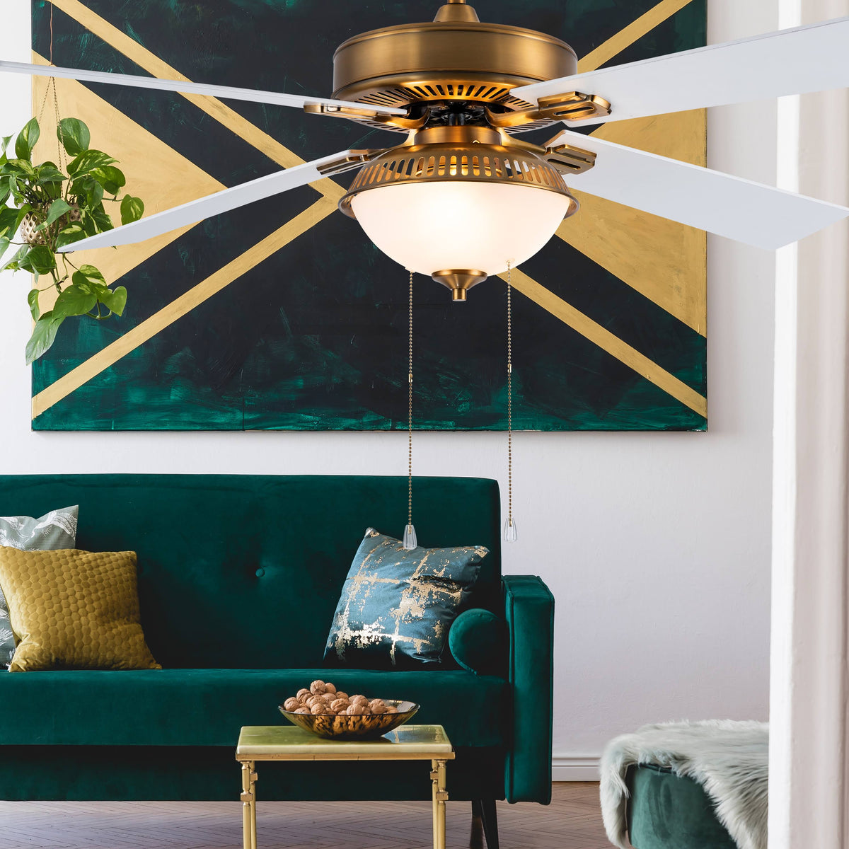 Brass and White LED Ceiling Fan with Light W462