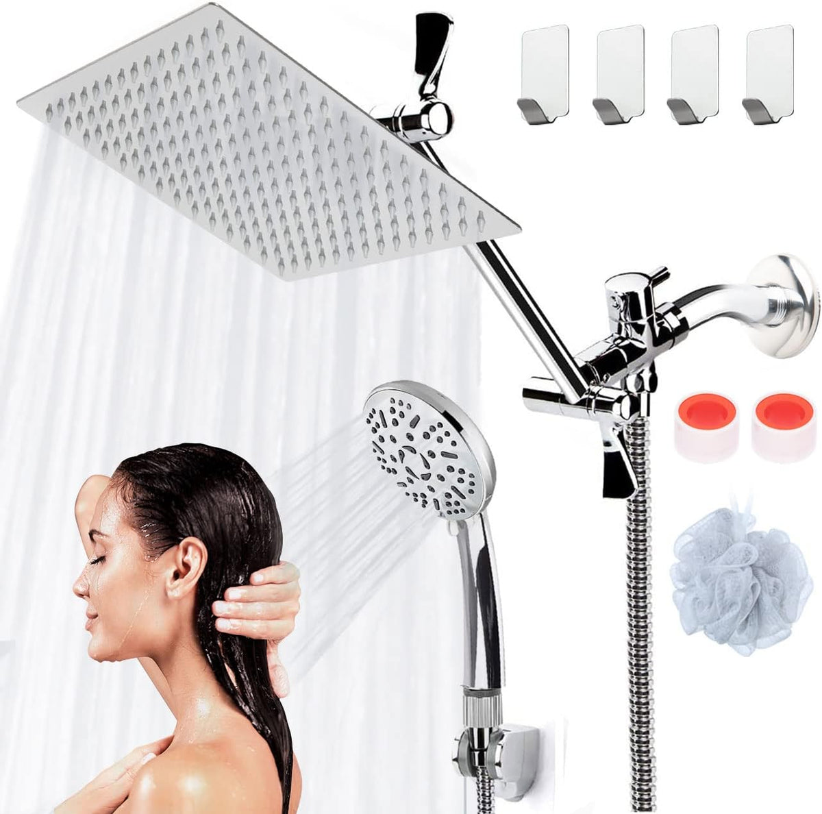 Chrome Rainfall Shower Head with Handheld Combo, Stainless Steel, Pack of 2 J499
