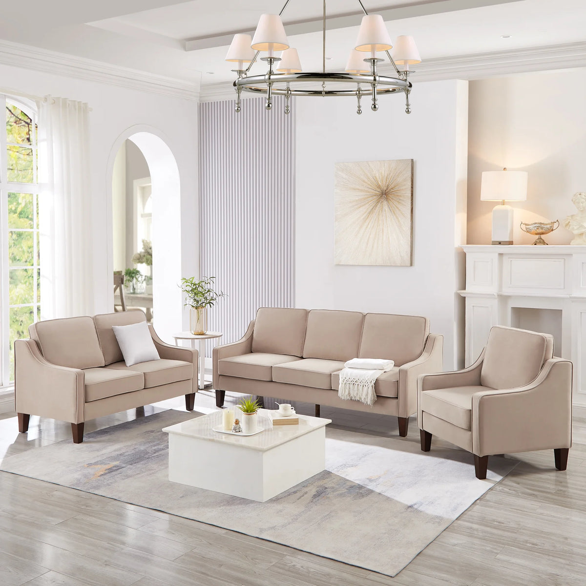 Taupe Velvet 3-Seat Sofa with Wood Legs W14279