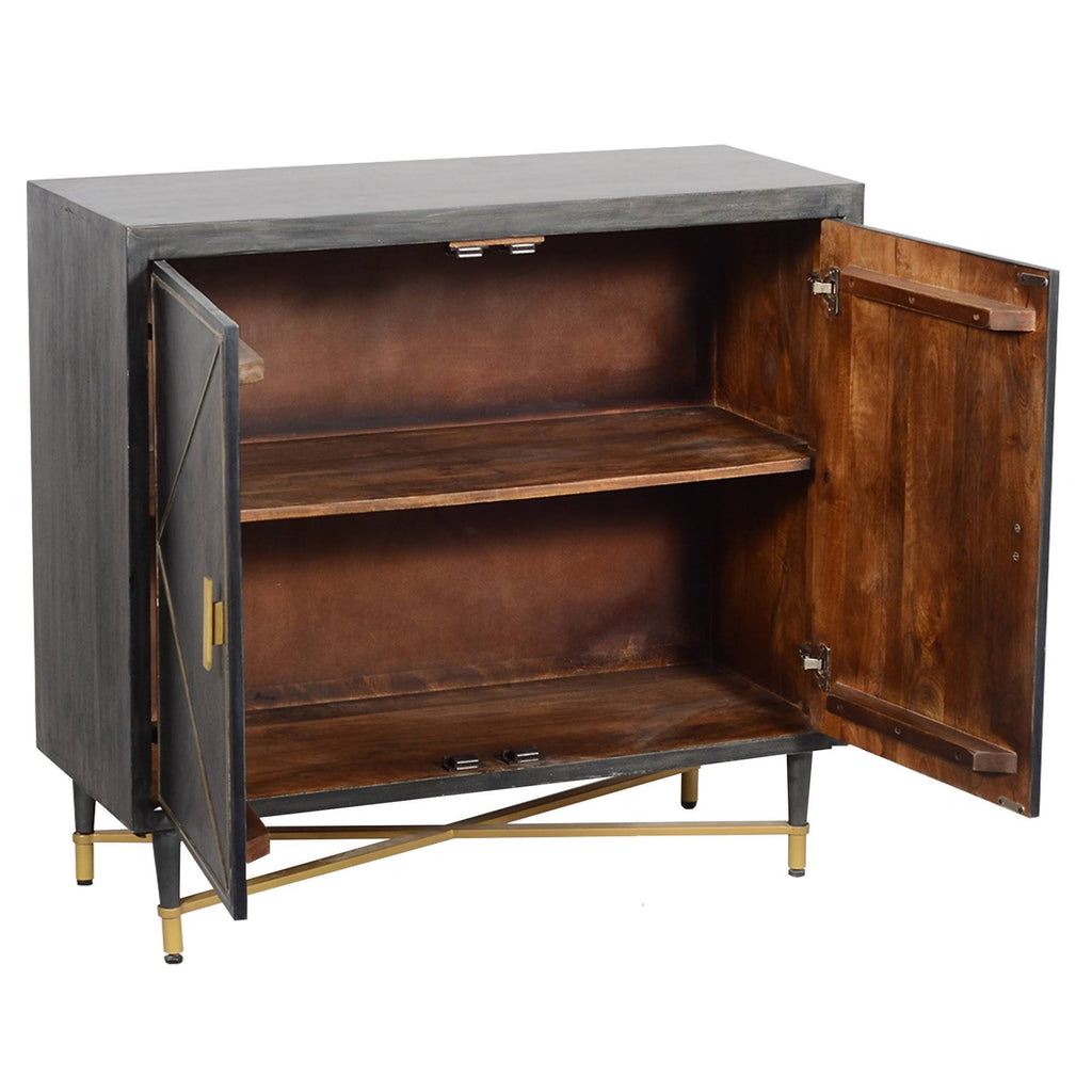 Gray and Gold Mango Wood Cabinet with Dual Door Storage W7395