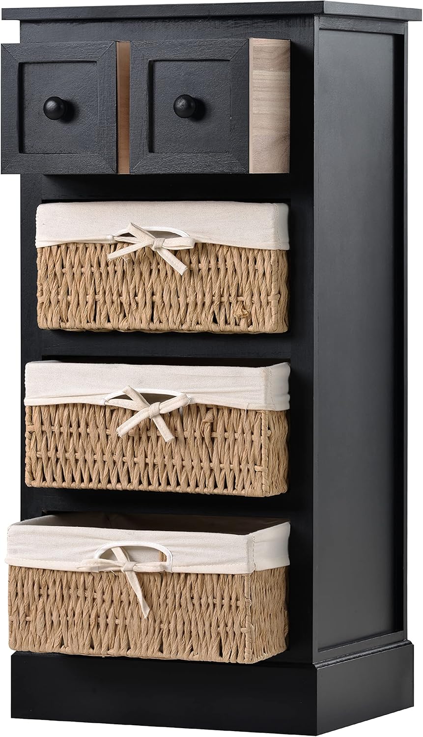 Wicker Storage Cabinet, 2-Drawer Chest with 3 Baskets, Espresso H206