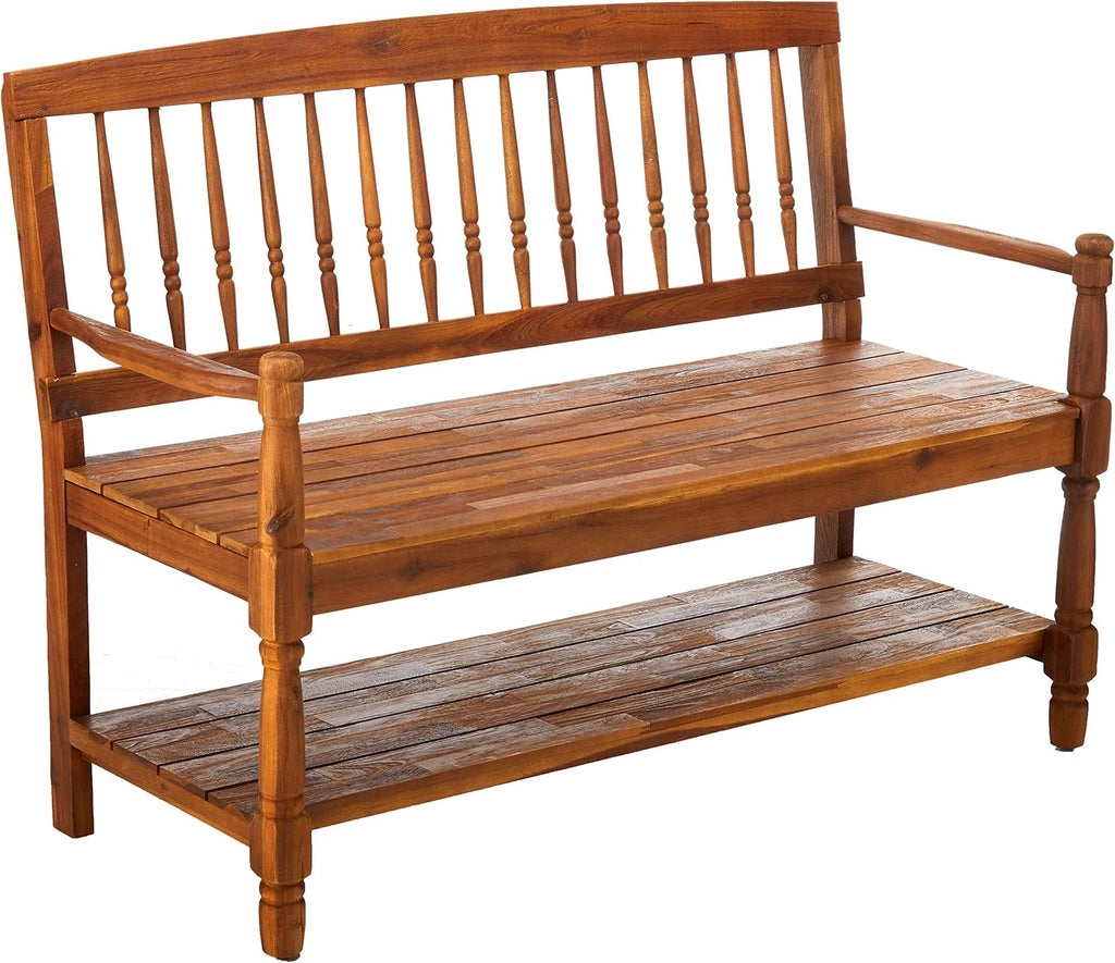 Teak Finish Acacia Wood Bench with Shelf G852