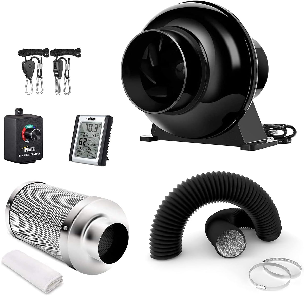 4 Inch 195 CFM Inline Fan, Carbon Filter, 8 Feet Ducting, Speed Controller, Rope Hanger, Temperature Humidity Monitor, Pack of 2 Z4184
